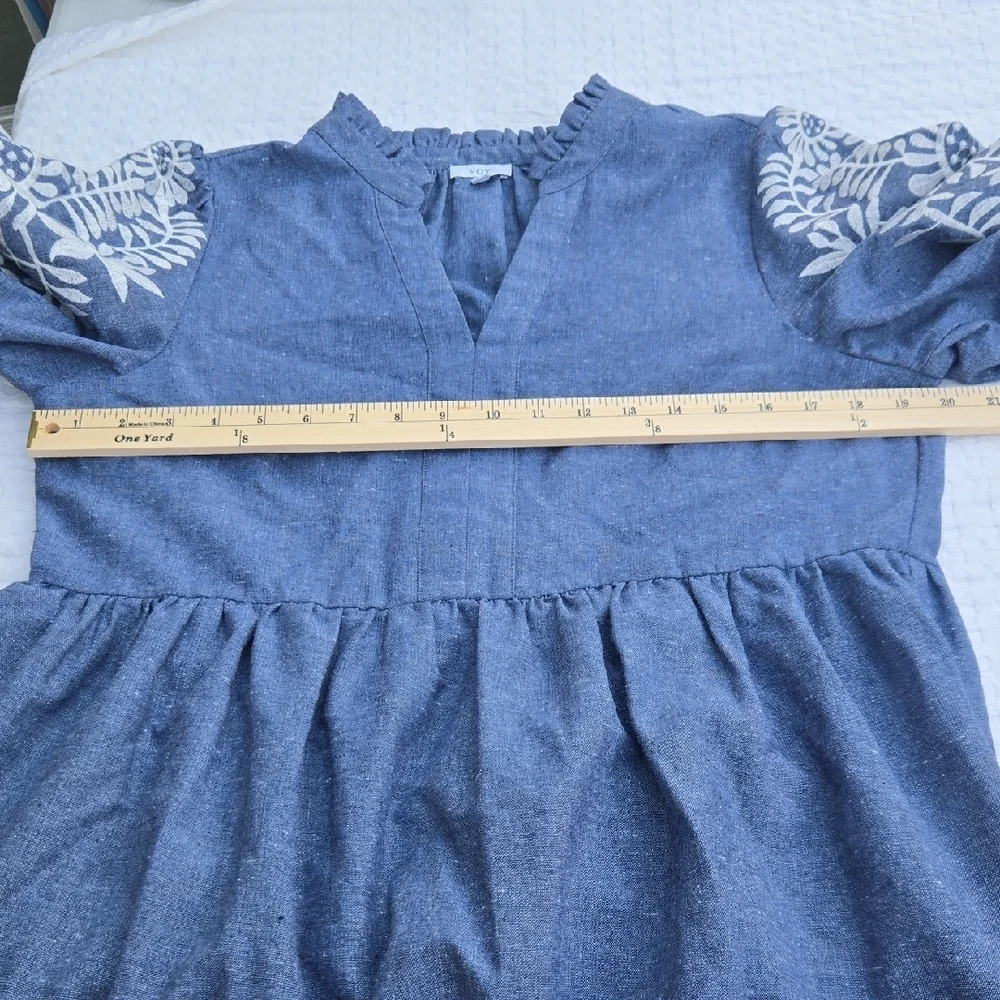 VOY Blue Dress with White Floral Sleeves Size M